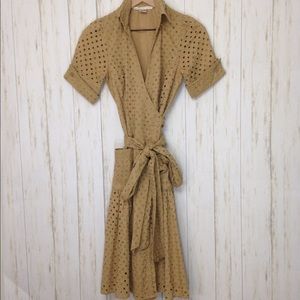 Diane Von Furstenberg Khaki Tan Eyelet Wrap Dress
